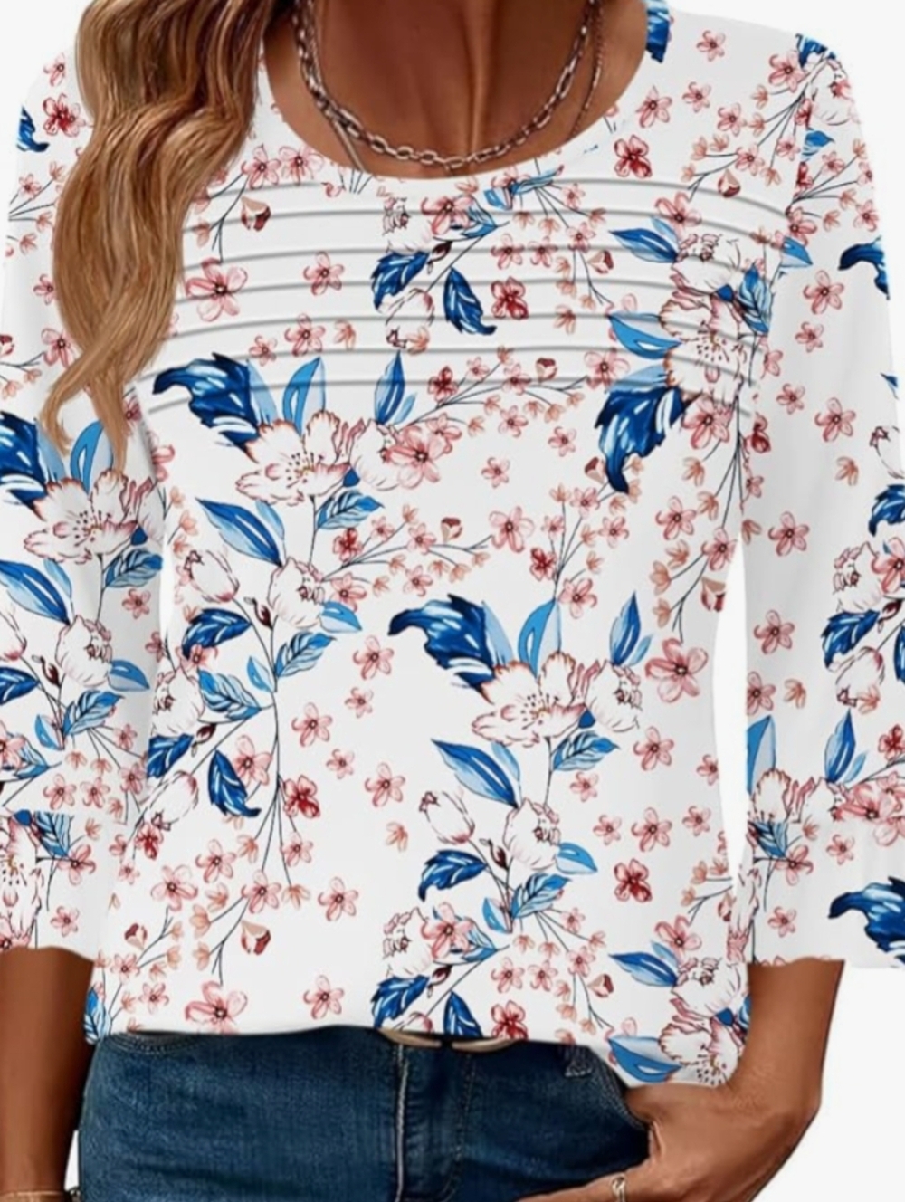 Women's White Floral Pintuck Long Sleeve Tee with Blue Accents